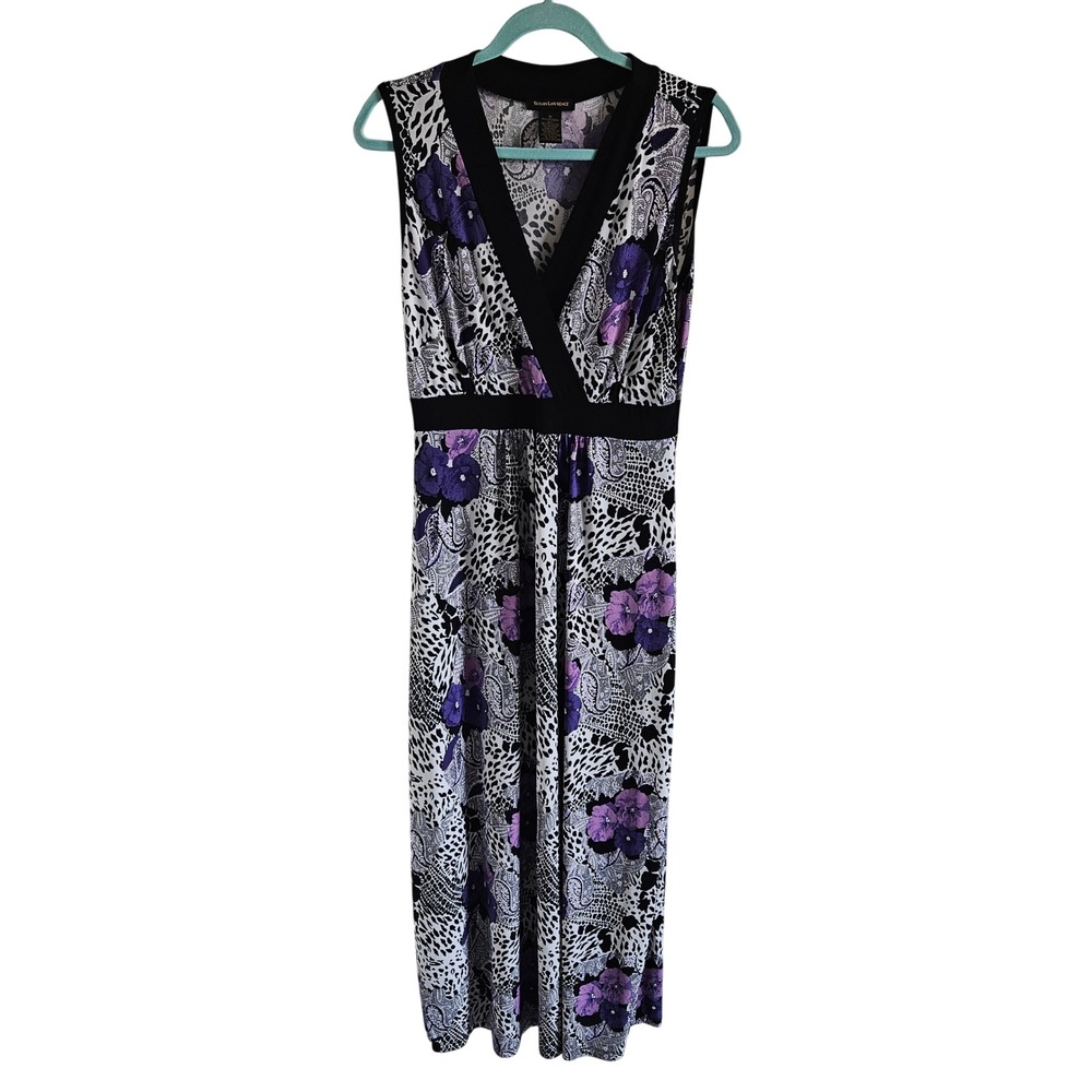 Susan Lawrence Womens Purple Floral Animal Print Maxi Dress V-Neck Sleeveless M